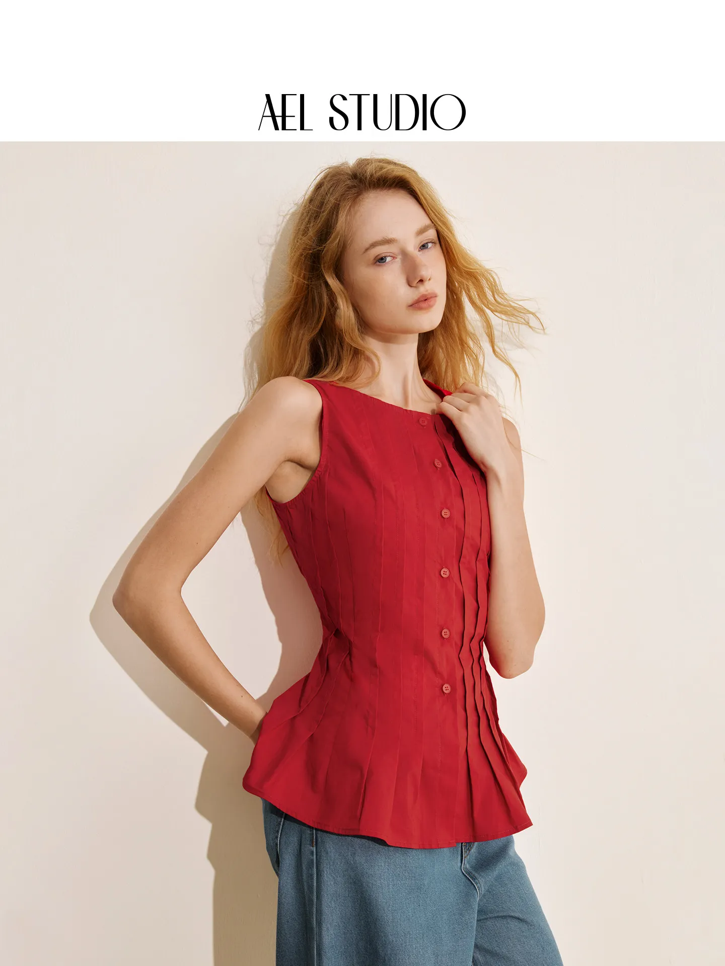 AEL Original Französisches Retro Rotes Plissiertes Hemd Damen 2026 Sommer Neu Ärmelloses Tailliertes und Schlankmachendes Oberteil – Detail 3