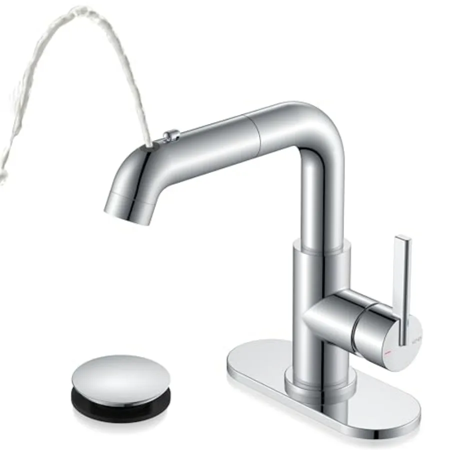 

Pull Out Bathroom Faucet with Sprayer for Vanity Bar Use Polished Chrome Single Handle Design with Pull Down Sprayer Pop Up Dra