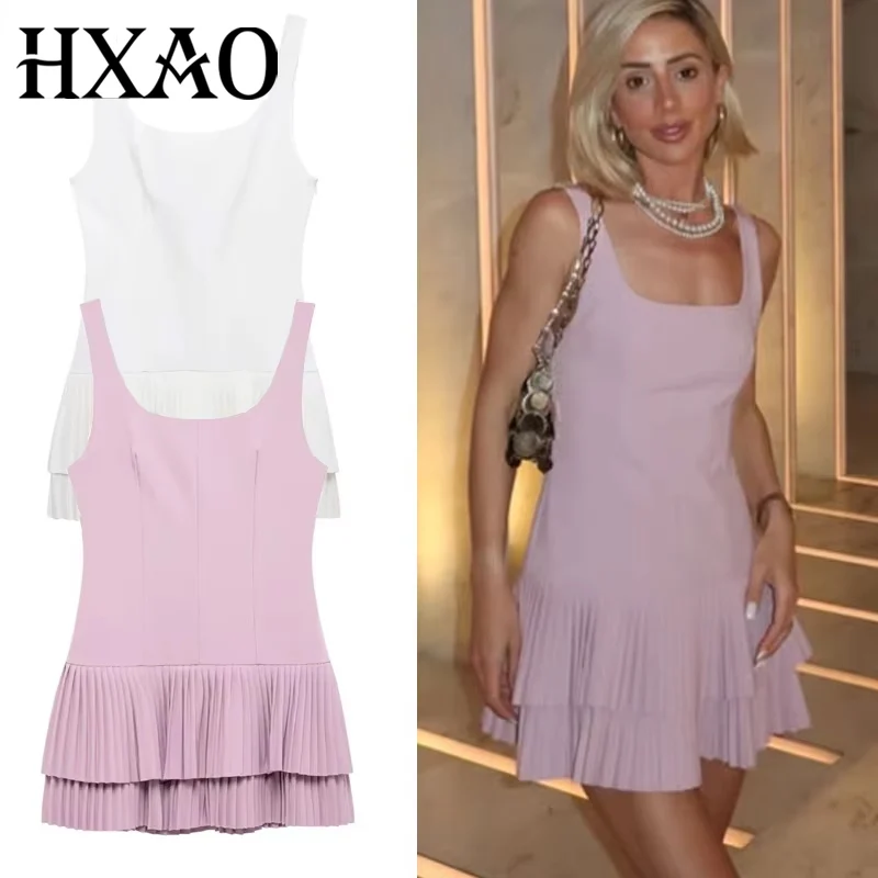 Hxao vestidos femininos plissados 2025 verão sem mangas vestidos curtos em camadas deslizamento vestido elegante sem costas mini vestido 088