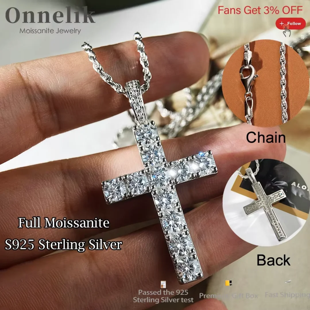 Onnelik All 5mm D VVS1 Moissanite Cross Pendant Necklace for Men S925 Sterling Silver Hip-hop Classic Neutral Fine Party Jewelry