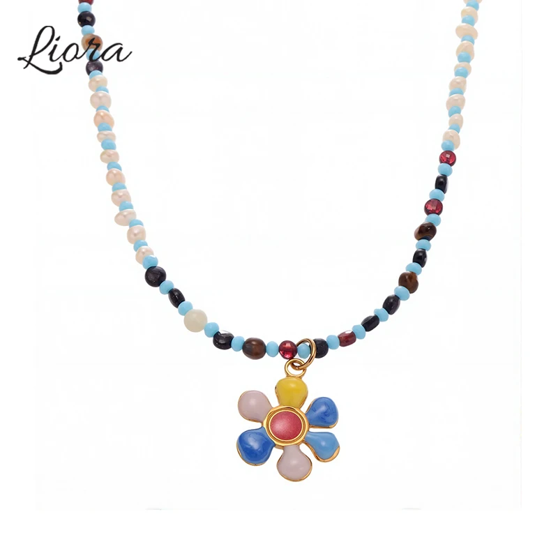 

Liora Ethnic Colorful Sun Flower Pendant Necklace For Women Agate Beads Stainless Steel Necklace Women Wedding Handmade Jewelry