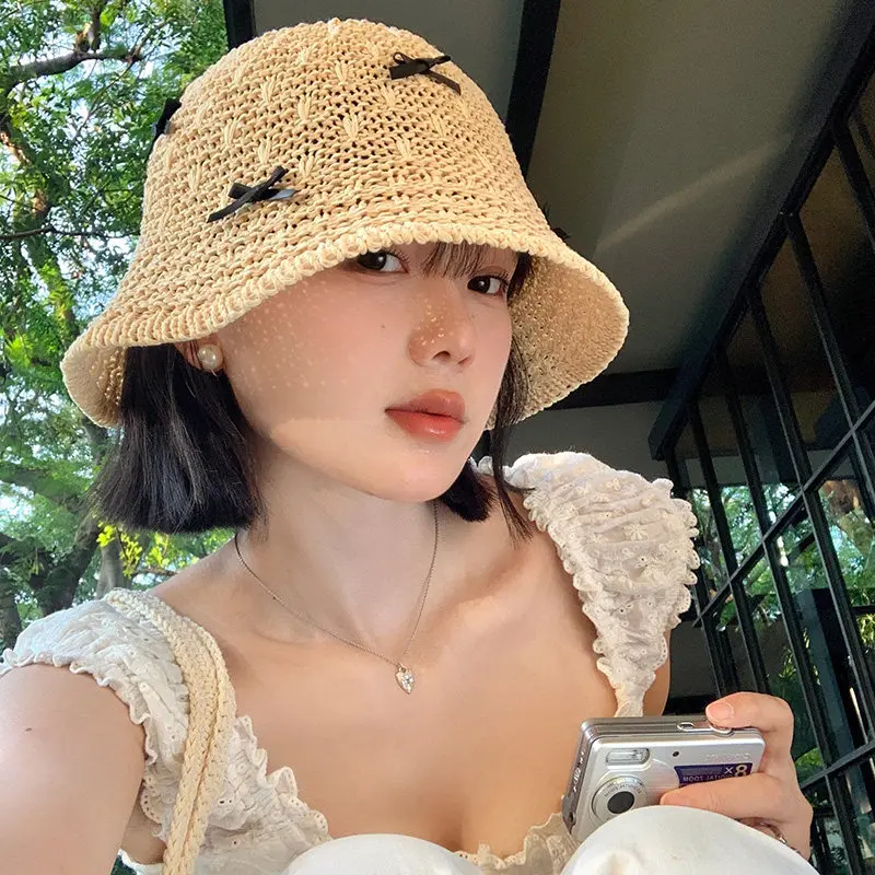 

Korean Bowknot Straw Hat for Women Outdoor Beach Fisherman Hat Wide Brim Sun Visor Cap Sweet Bows Sunshade Female Panama Hats