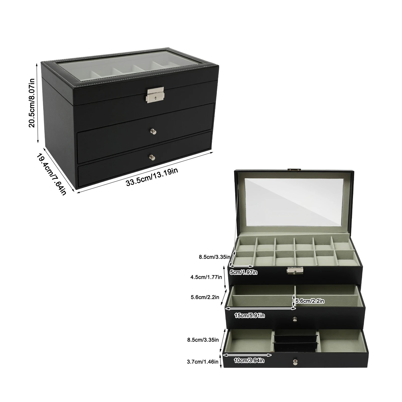 3-tier 33.5*19.4*20.5 سنتيمتر صندوق مجوهرات أسود منضدية النساء والرجال سطح المكتب خزانة مجوهرات مع مفصل مستقر مقابض ناعمة
