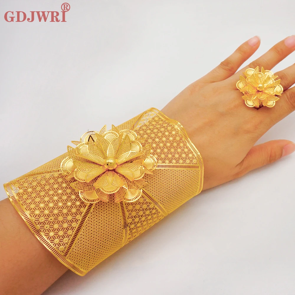 France Luxury Chain Cuff Bangle & Ring For Women Dubai Gold Color Indian Moroccan Big Bracelet Jewelry Arabic African Wedding