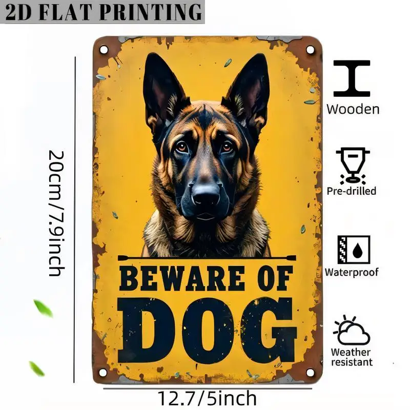 2D Flat Printed Vintage Retro Yellow Beware of Dog German Shepherd Metal Tin Sign - 20x12.7cm Waterproof, Pre - drilled for Home