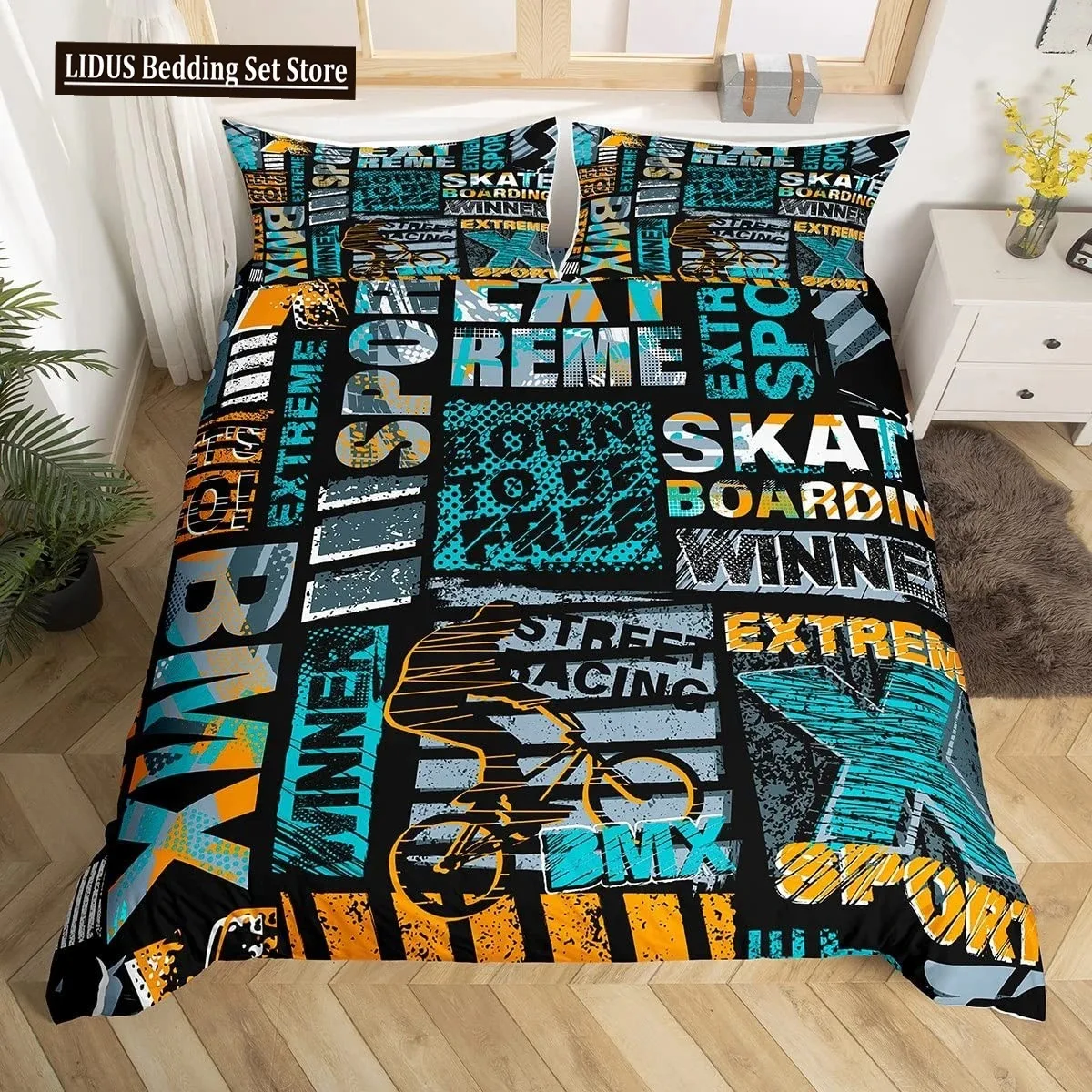 Skateboard Duvet Cover Set Full Size For Boys Teens Extreme Sports Bedding Set Youth Comforter Cover Graffiti Style Duvet Cover