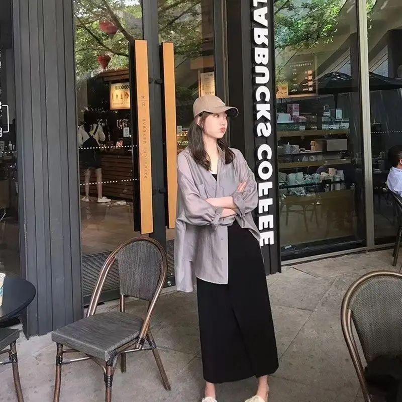 Elegant Fashion Harajuku Slim Fit Shirt Solid Button Pockets Cardigan Long Sleeve Tops Women Loose All Match Women's Clothing