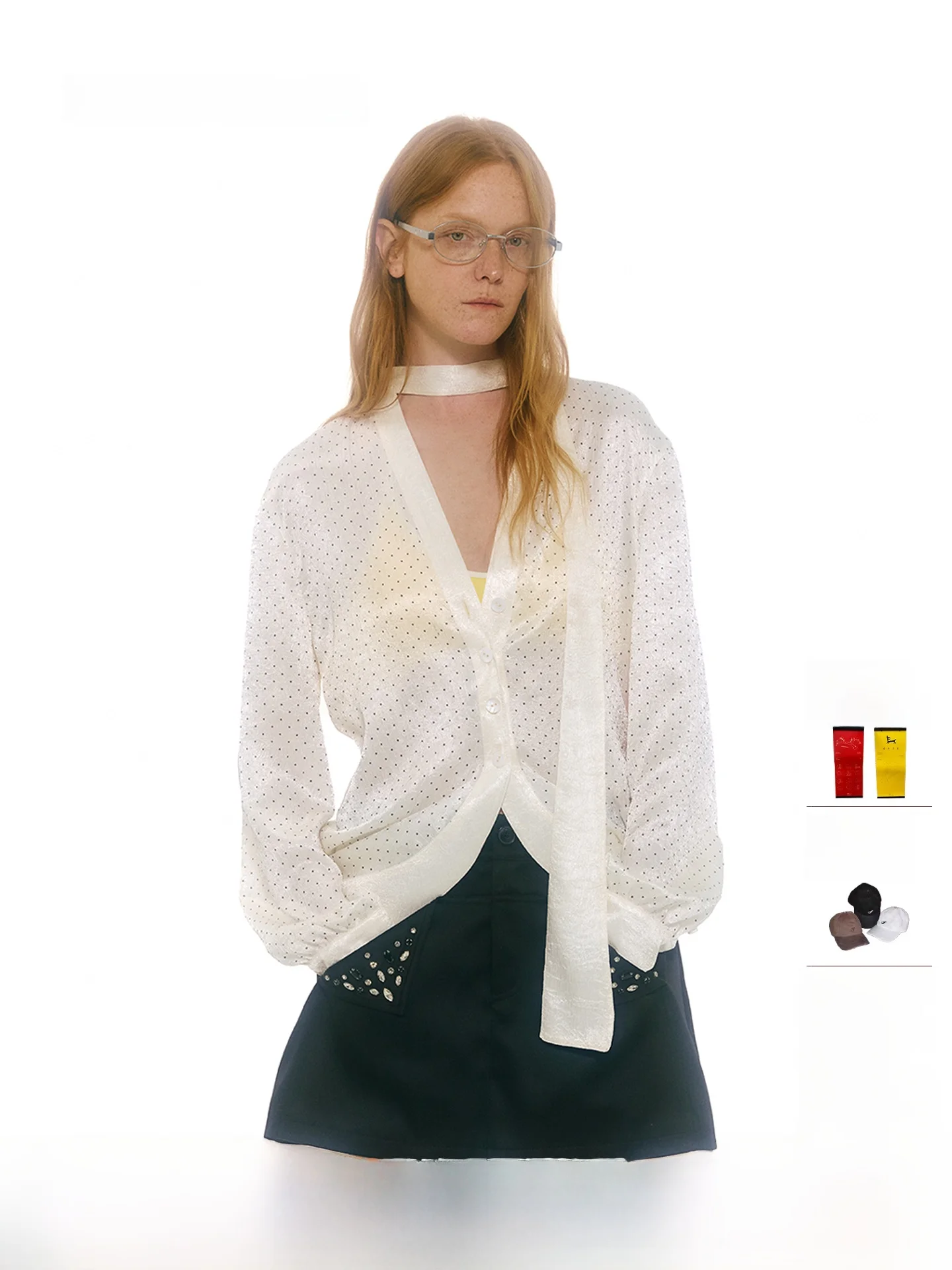 

FAE Lady V-Ne Polka Dot Silk Scarf Long Sve irt Lightweight Spring Casual Loose Fit Cool Sensation Skin-Friendly