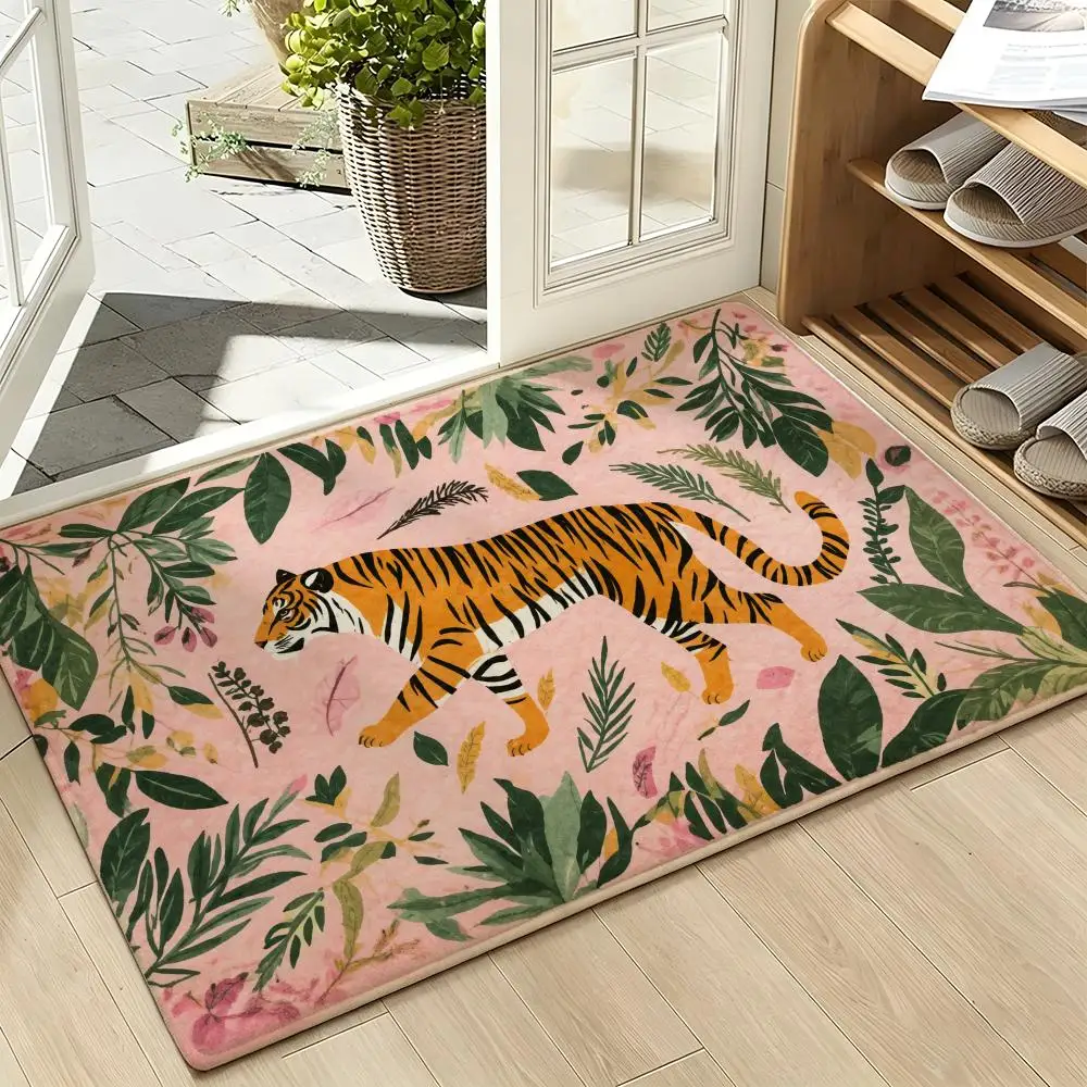 Tropical Tiger Leopard Jungle Floral Illustration Floor Mat Soft Flannel Non Slip Absorbent Entryway Bathroom Bedroom Garage
