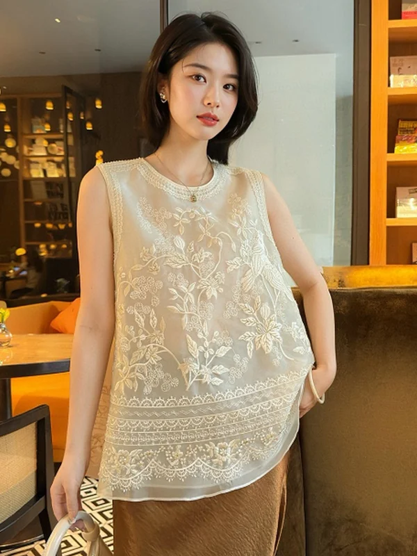 Nieuwe Chinese Sle Zijden Kant Borduren Top Svel Vintage Zomer irt Dun Materiaal Comfortabel om Casual Werkkleding te dragen