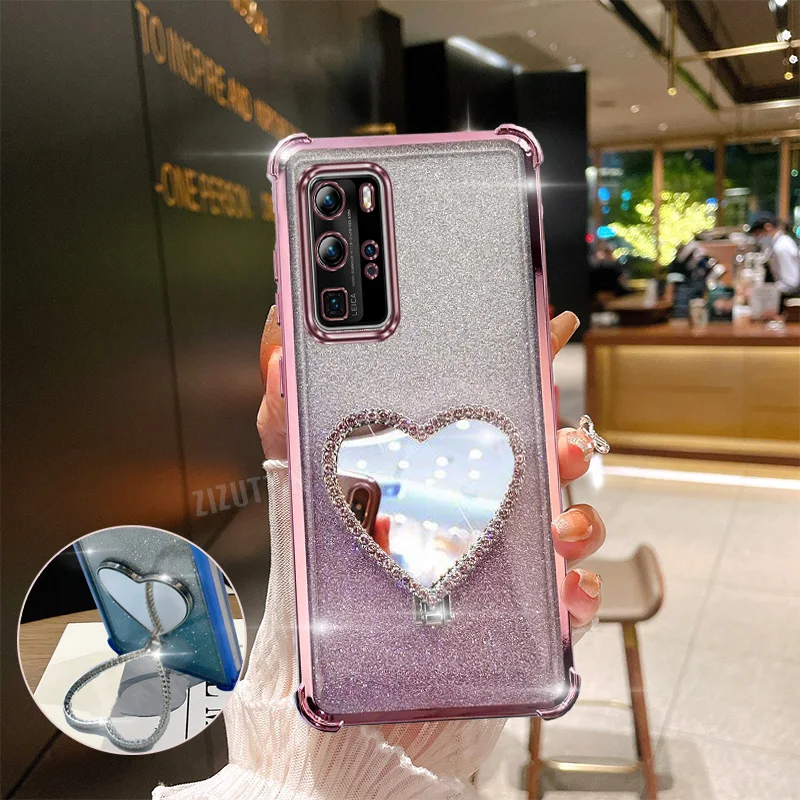 

Love Heart Makeup Mirror Glitter Luxury Ring Phone Holder Case On For Huawei P40 Pro Girl Woman Used Anti-knock Stand Cover