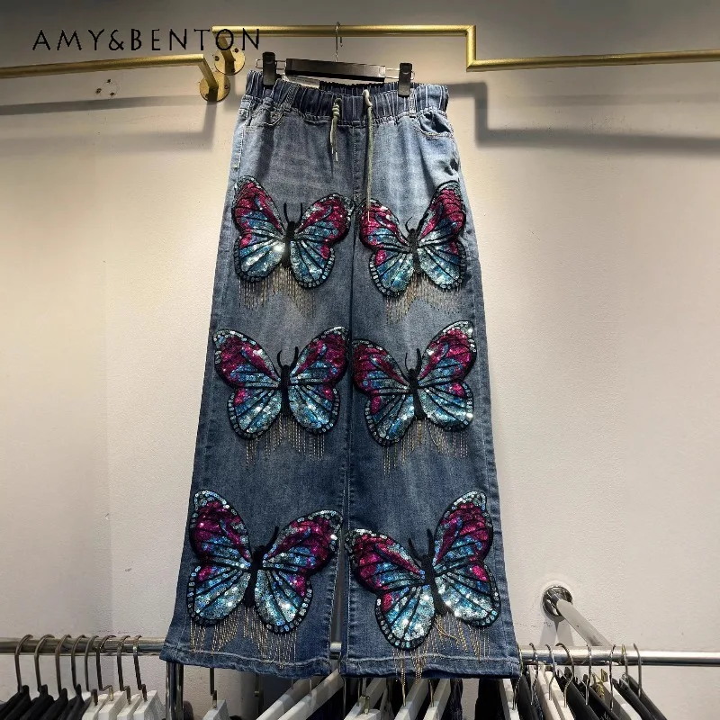 taille-haute-minceur-jambe-large-pantalons-industrie-lourde-paillettes-gland-colore-papillon-jean-design-sens-droit-long-deim-pantalon