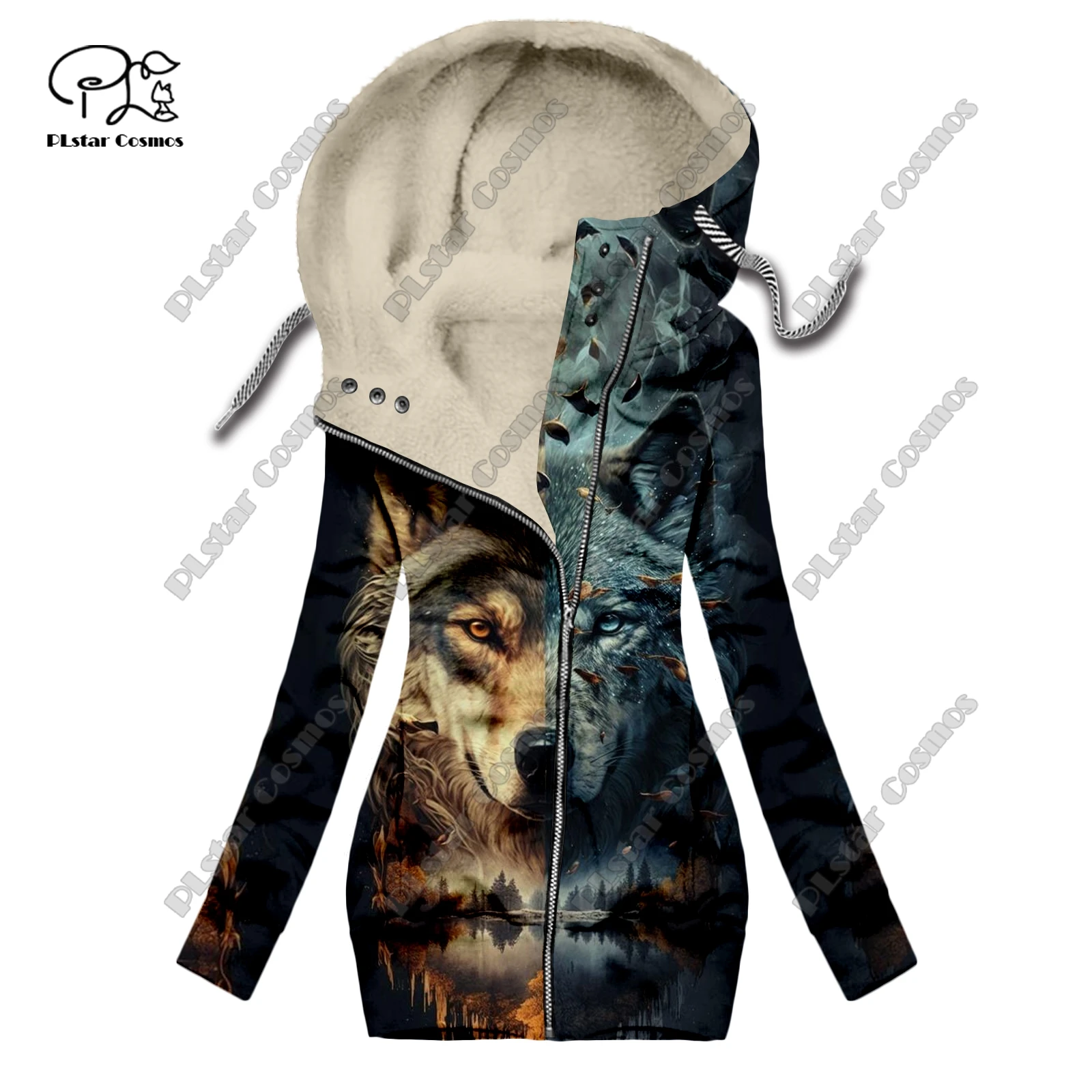 New 3D printing retro series floral and animal patterns plus velvet and warm women's long zipper sweatshirt casual winter L-11