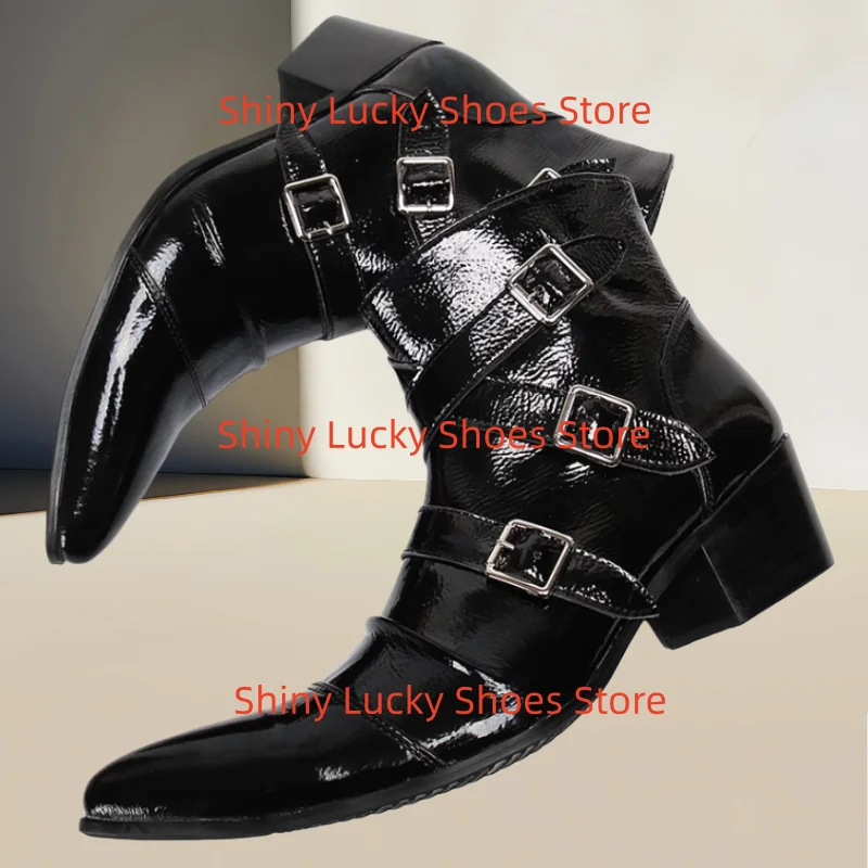 

Belts Buckle Shoes for Mens Pointed Toe Chunky High Heels Patent Leather Tacones Sewing Lines Males Short Boots Pleated Chassure