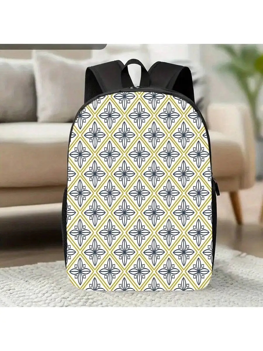 

Geometric Pattern Polyester Backpack 17 Inch Casual Unisex Backpack With Water Bottle Holder
