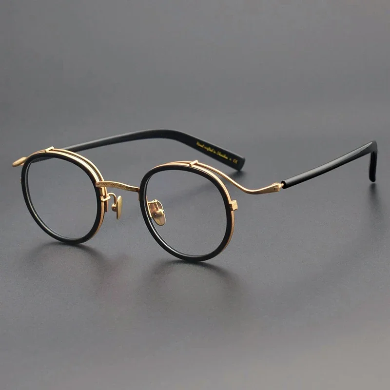 Black Gold Retro Pure Titanium Men Glasses Frame 2526 Fashion Round Myopia Optical Eyeglass Women Classics Prescription Eyewear