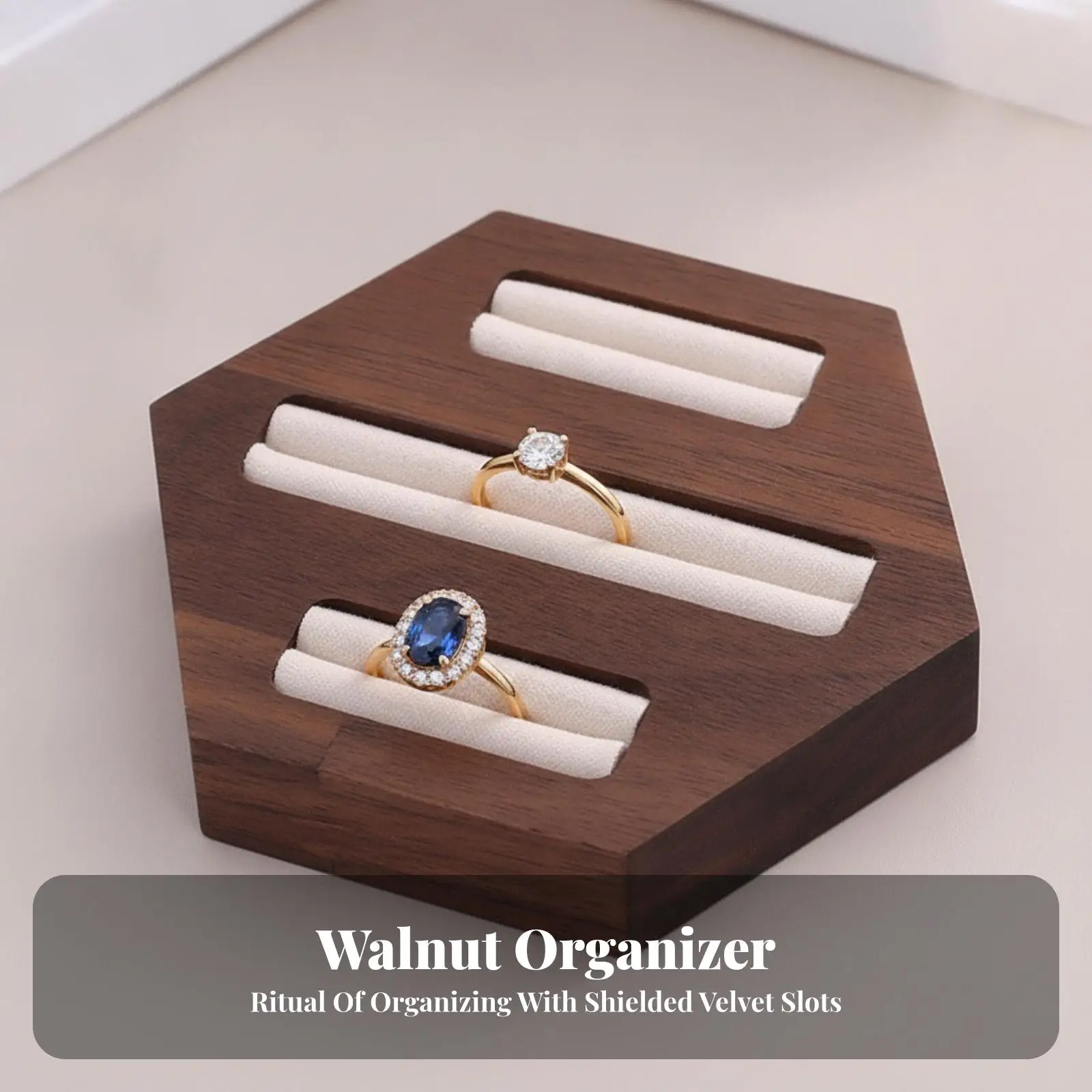 Walnut Wood Jewelry Display Stand Hexagonal Ring Tray with Soft Flocking for Retail Showcase Storage