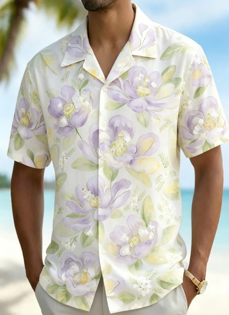 

Men's fresh tropical floral print Hawaiian shirt, suitable for summer office, commuting, daily dressing and vacation