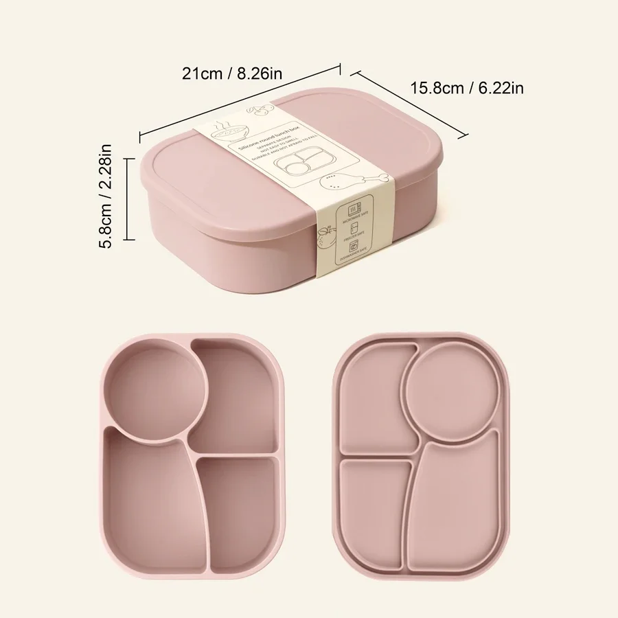 Silicone lunch box, suitable for students and adults to bring their own meals, 4 compartments, outdoor bento box