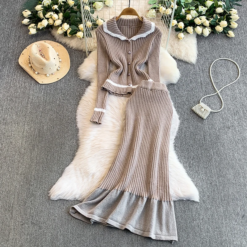 

French style color blocked single breasted knitted sweater+pleated half skirt women's autumn and winter two-piece set