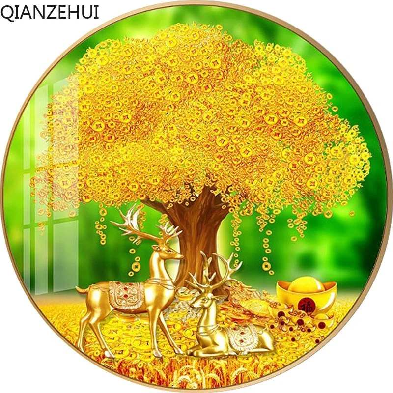 DIY full Diamond Embroidery,Round Diamond golden fortune tree elk bedroom Living room decoration rhinestone Diamond painting