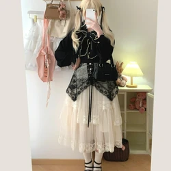 Japanese Style Gothic Lollita Skirt Set Women Kawaii Embroidery Vest Sexy Irregular Mesh Midi Skirts Suit Korean Y2k 2 Piece Set