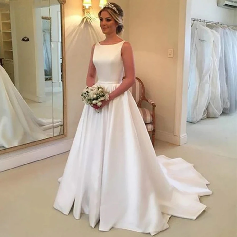 Elegant Satin A Line Wedding Dress Customized 2026 Scoop Neck Sweep Train Backless Simple Bridal Gowns Cheap Robe De Mariage