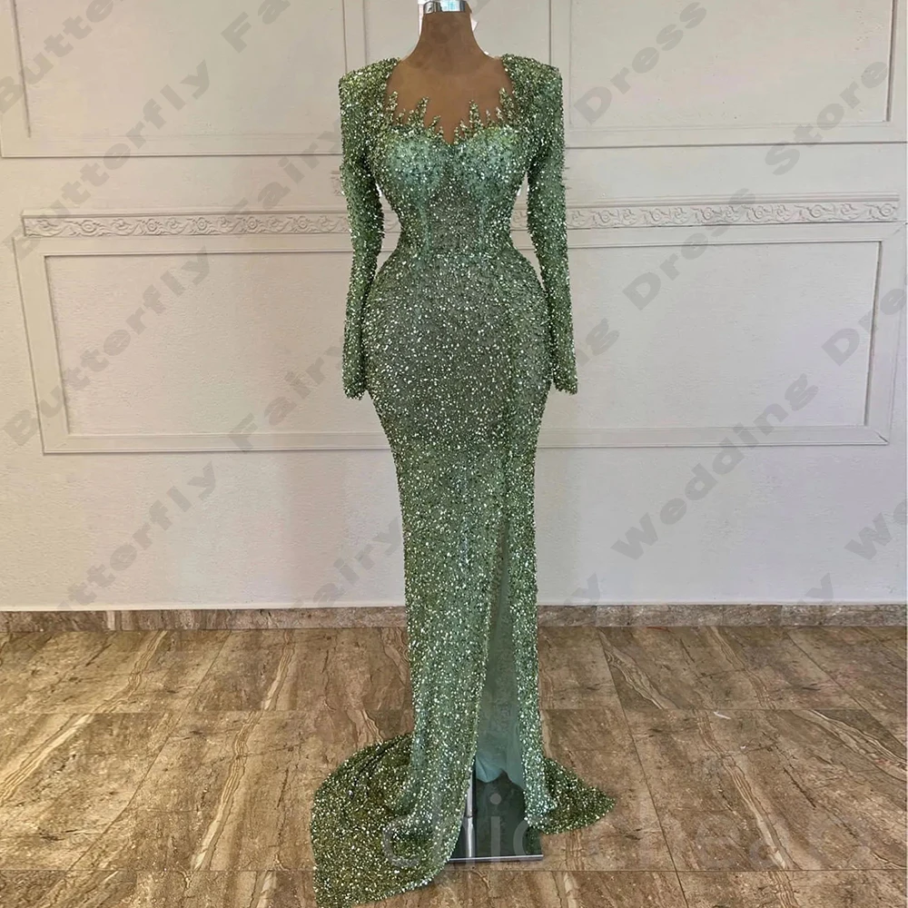 Glitter Dames Lange Mouwen Avondjurken Zeemeermin Ronde Hals Elegante Prinses Galajurken Formele Mode Celebrity Party Robe