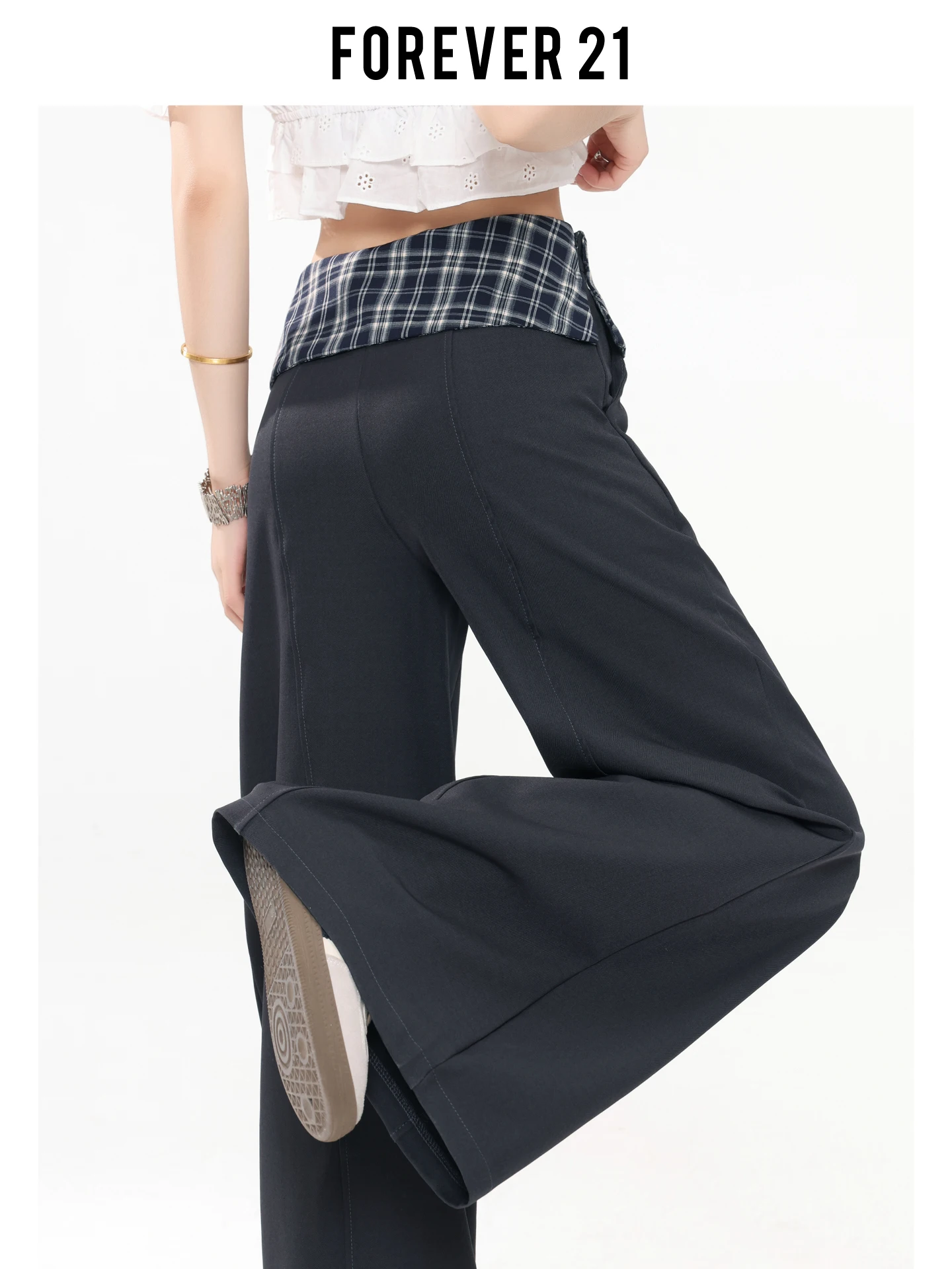 Calças Casuais Femininas Forever 21 Cinza Xadrez de Perna Larga, Cintura Alta, Soltas e Fluídas, Estilo Alfaiataria, Efeito Emagrecedor, para Passeio Urbano, Verão