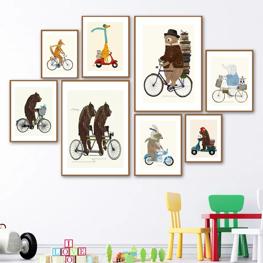 Bicycle Bear Scooter Giraffe Elephant Milk Cookie Wall Art Canvas Painting Nordic Poster And Prints Wall Picture Kids Room Decor