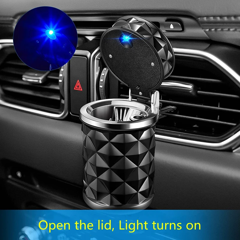 Car Ashtray With LED Light Universal Portable Alloy Ash Tray Aluminum Cup Smokeless Auto Ashtray Flame Retardant Car Cup Holder