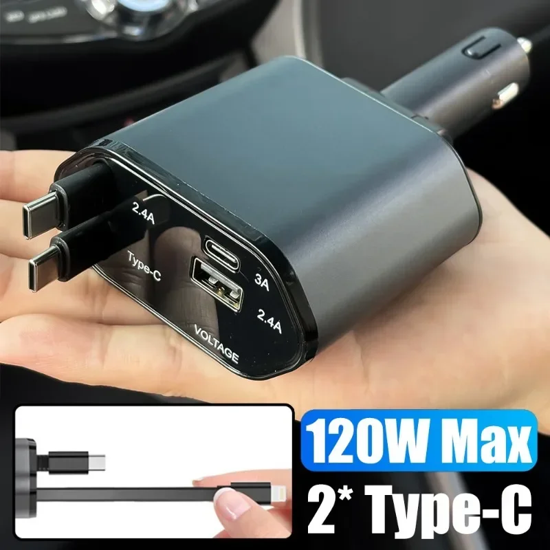 

Car Charger 120W Digital Display Super Fast Charging Dual Type-C Charging Interface Telescopic Cable 4 in 1 Cigarette Lighter