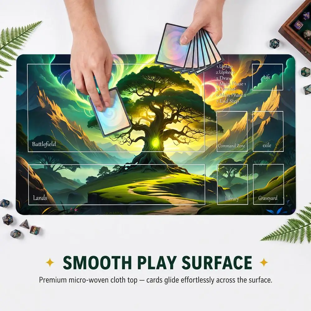 Magic World Fantasy Mountain Landscape Playmat With Zones TCG Card Game Mat Anti‑Slip Rubber Base 60x35cm Card Game Desk Mat