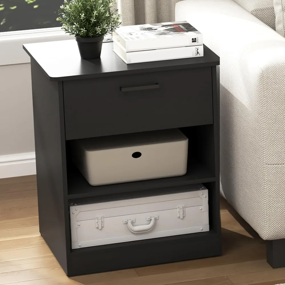 Contemporary Charging Nightstand with USB-C Ports and Power Outlets, Spacious Drawer Side Table for Bedside Use