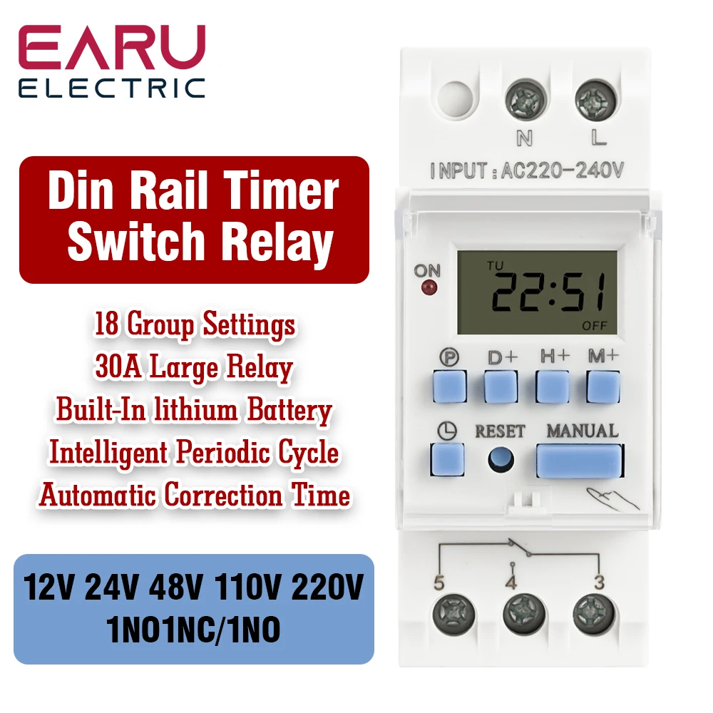 Electronic Weekly 7 Days Programmable Digital Timer Switch Relay Control AC 220V 230V 10A 16A Din Rail THC15A 30A DC 12V 24V 1NO