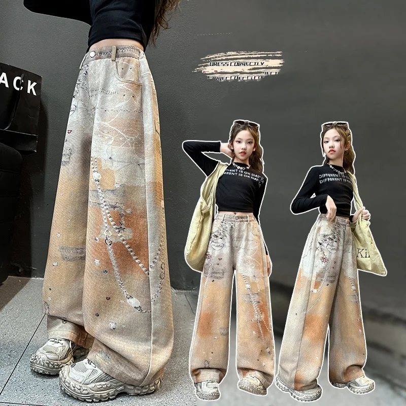

Girl Jeans Ages 4-14Y Teenage Loose PantsChild Vintage Trousers Toddler Jewelry 3D Printed Denim Streetwear Kid Y2k Long Pants