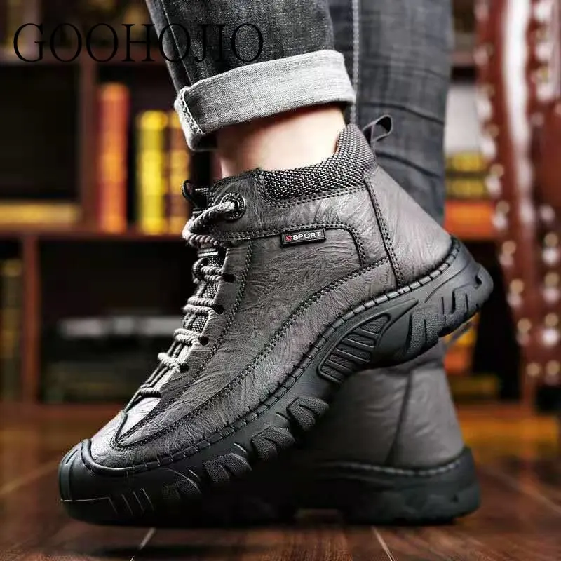 

Keep Warm with Velvet Man Shoes Lace Up Non-slip Hard-Wearing Outdoor Work Simple All-match Fashion Casual Leather Hiking Shoes