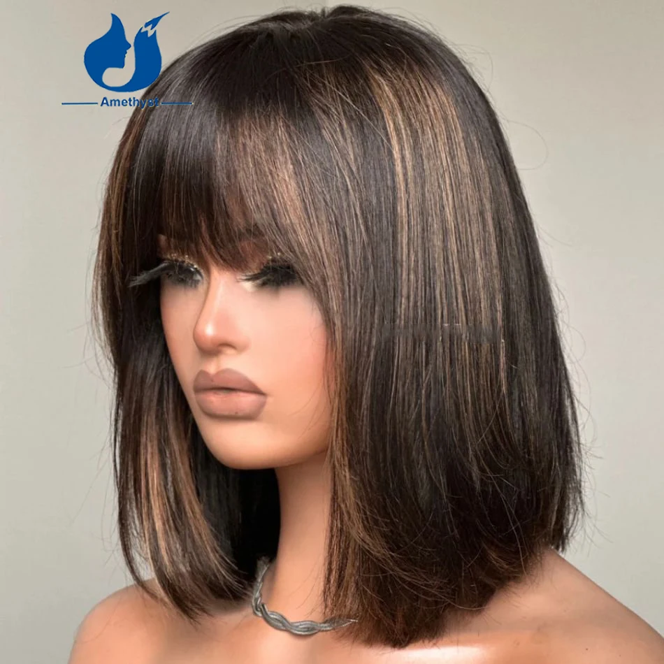 

Amethyst Highlight Short Straight Bob Wig with Bangs for Women Full Scalp Top Machine Made Human Hair Wig 200% density Remy Hair
