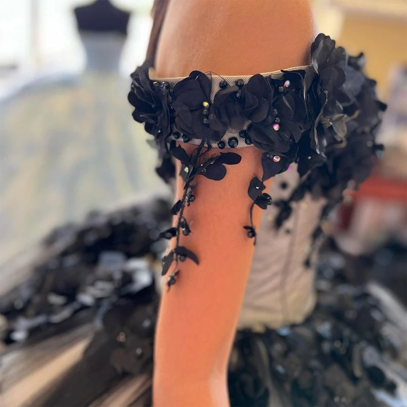 ANGELSBRIDEP vestido de baile negro de cristal, vestidos sexys de quinceañera con tren de flores en 3D, fiesta Formal de cumpleaños para niña de 15 años