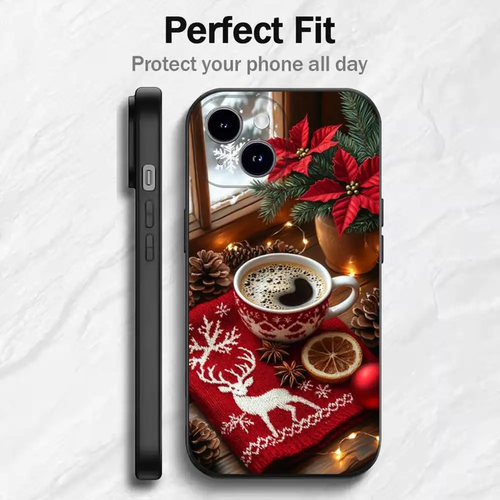 เคสโทรศัพท์ลายคริสต์มาส ลายกาแฟ สำหรับ iPhone รุ่น 17 16 15 14 13 12 11 Mini XS XR X 6S 6 Pro Max Plus สีดำ แบบนิ่ม