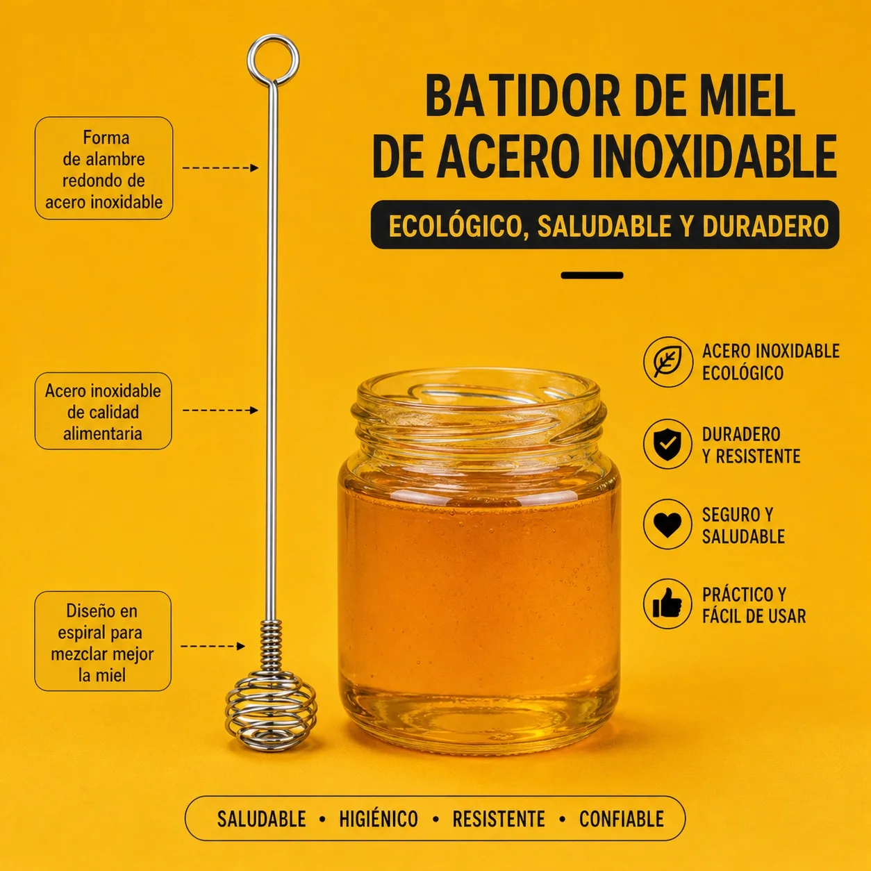 Agitateur à miel en acier inoxydable de 21,5 cm, mélangeur en spirale pour sirop et confiture, cuillère distributrice de qualité alimentaire, ustensile ergonomique pour la cuisine et la mixologie