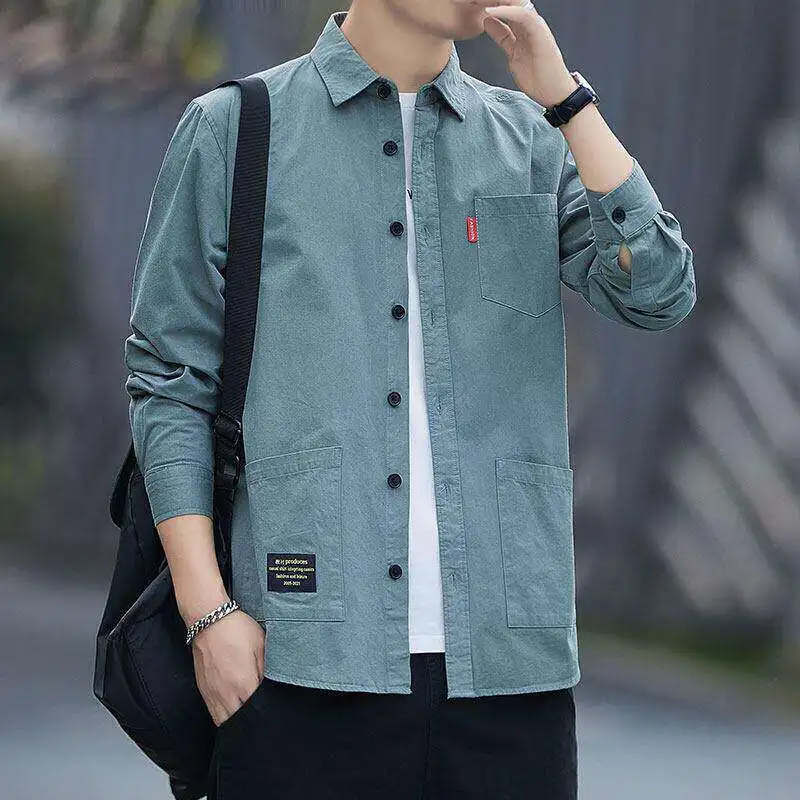 Long Sleeve Work Shirt Men's Spring Summer Multi Pocket mid Young Office Uniform Shirt Jacket Casual Loose Fit Commute Wear