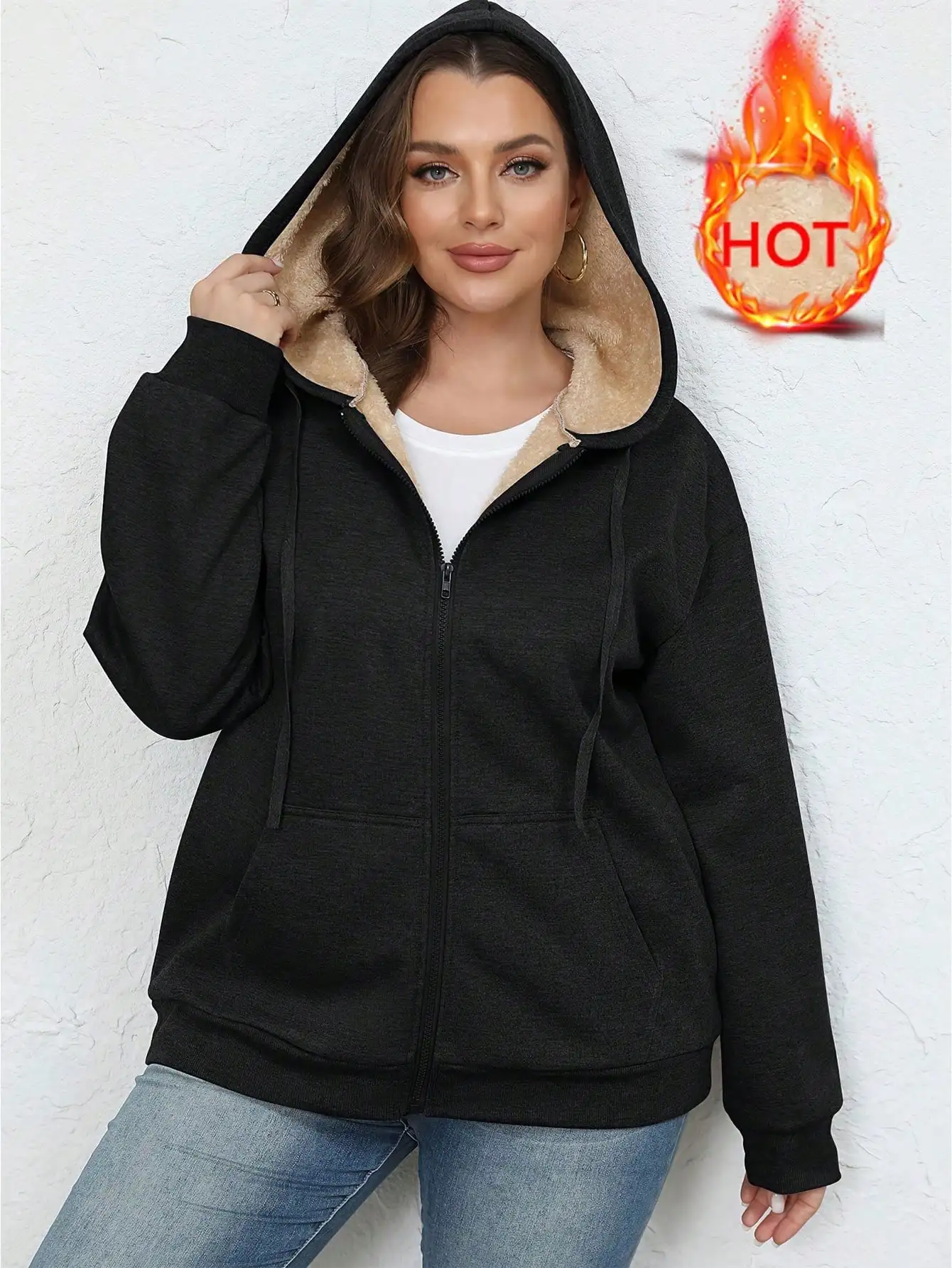 

Winter Plus Size Women's Fleece Lined Hooded Zip-Up Jacket with Pockets