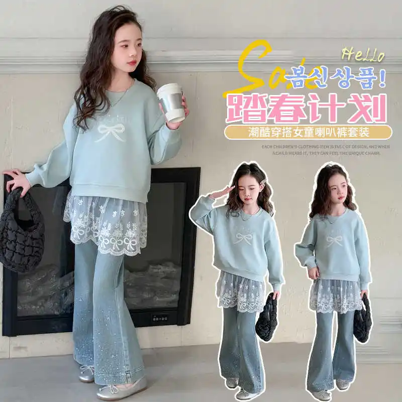 جينز بناتي: جينز بناتي مرصع بحجر الراين، جينز متوهج بنمط ربيعي جديد، مناسب للأطفال من سن 7 إلى 14 عامًا