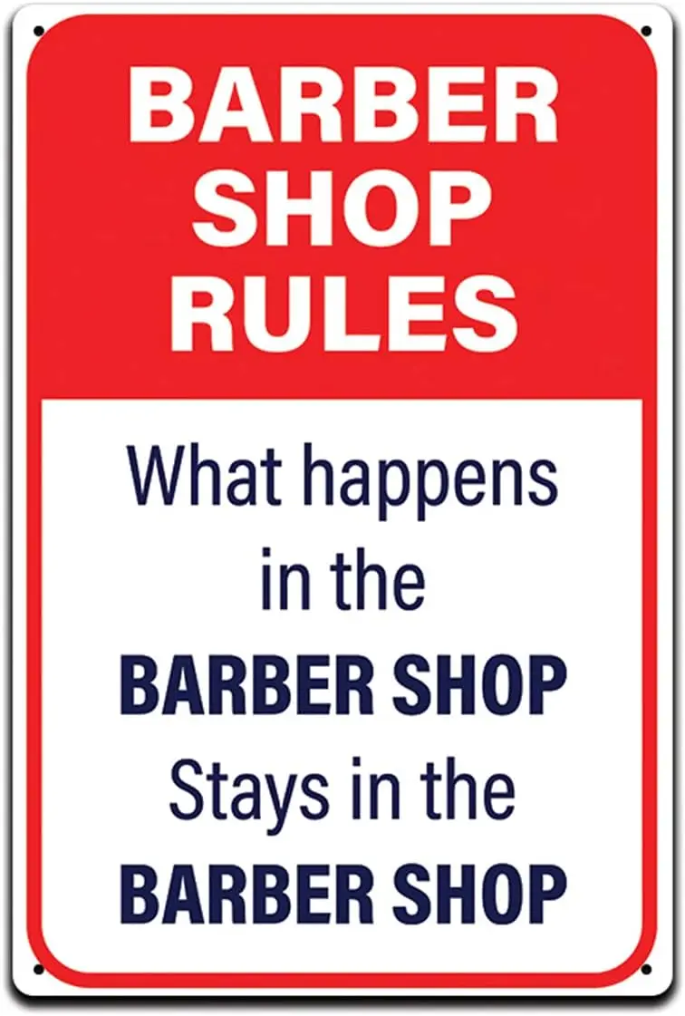 JP's Parcels Tin Signs Shop Wall Decor - Metal Sign 12 x 8 in. Barber Shop Rules What Happens in The Barber Shop Stays in Th