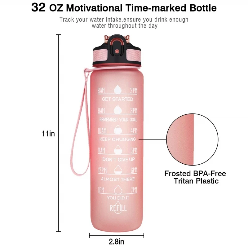 32OZ Portable Water Bottle Motivational Sports Water bottle with Time Marker Leak-proof Cup for Outdoor Sport Gym Fitness Jugs