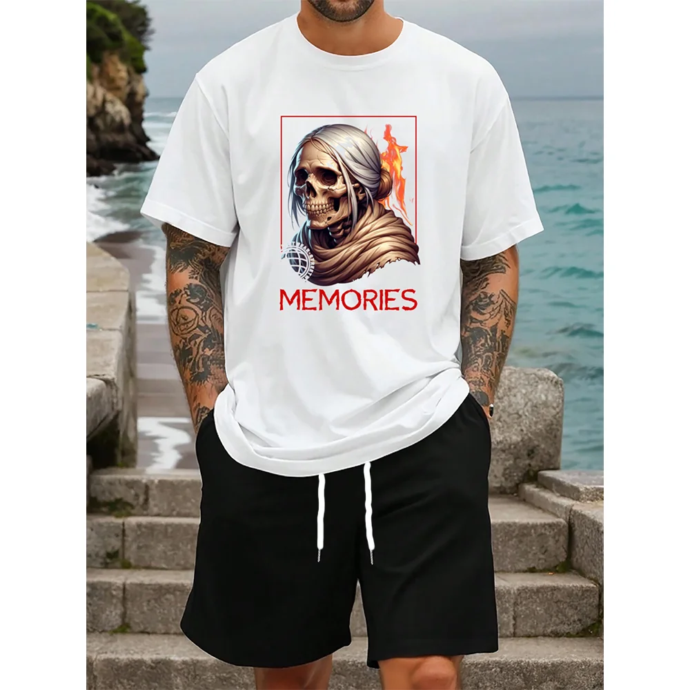 

Two-Piece Men's Casual Sports Round-Neck Short-Sleeved Printed T-Shirt Loose Drawstring Shorts Set Sports And Outdoor Clothing