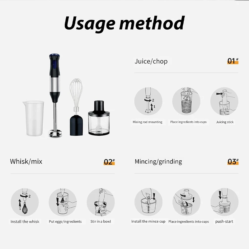 4 in 1 Electric Stick Hand Blender Handheld Mixer 1000W Stainless Steel Blade Vegetable Meat Immersion Egg Whisk Juicer