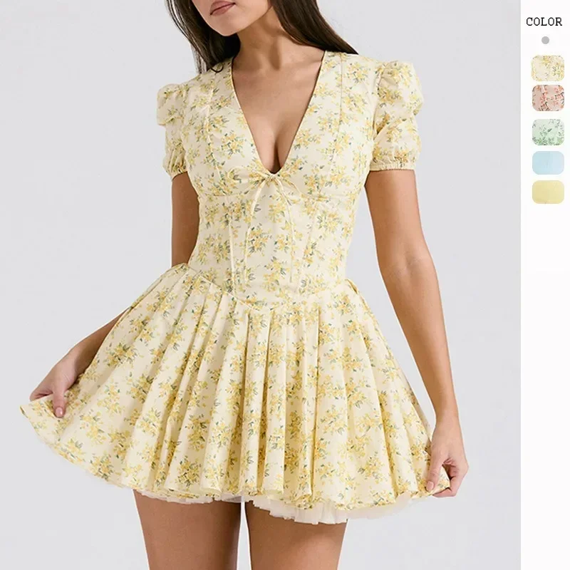 

Summer Printed V-Neck Short Sleeve Mini Dress Women Sexy Floral Pleated Party A-Line Dresses High Waist Slim Mini Vestidos
