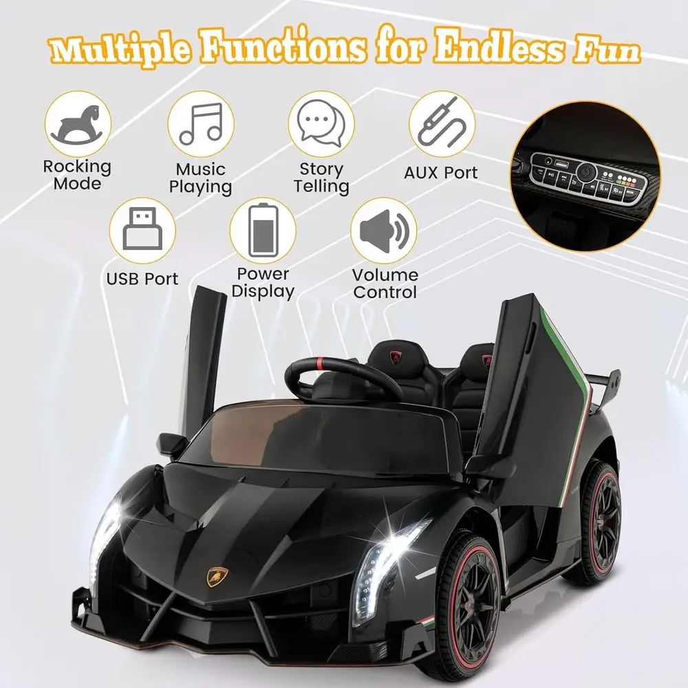 Ride on Car, Lamborghini Licensed 12V Battery Powered 4WD Sports Car with Remote Control, 3 Speeds, Hydraulic Doors,Black